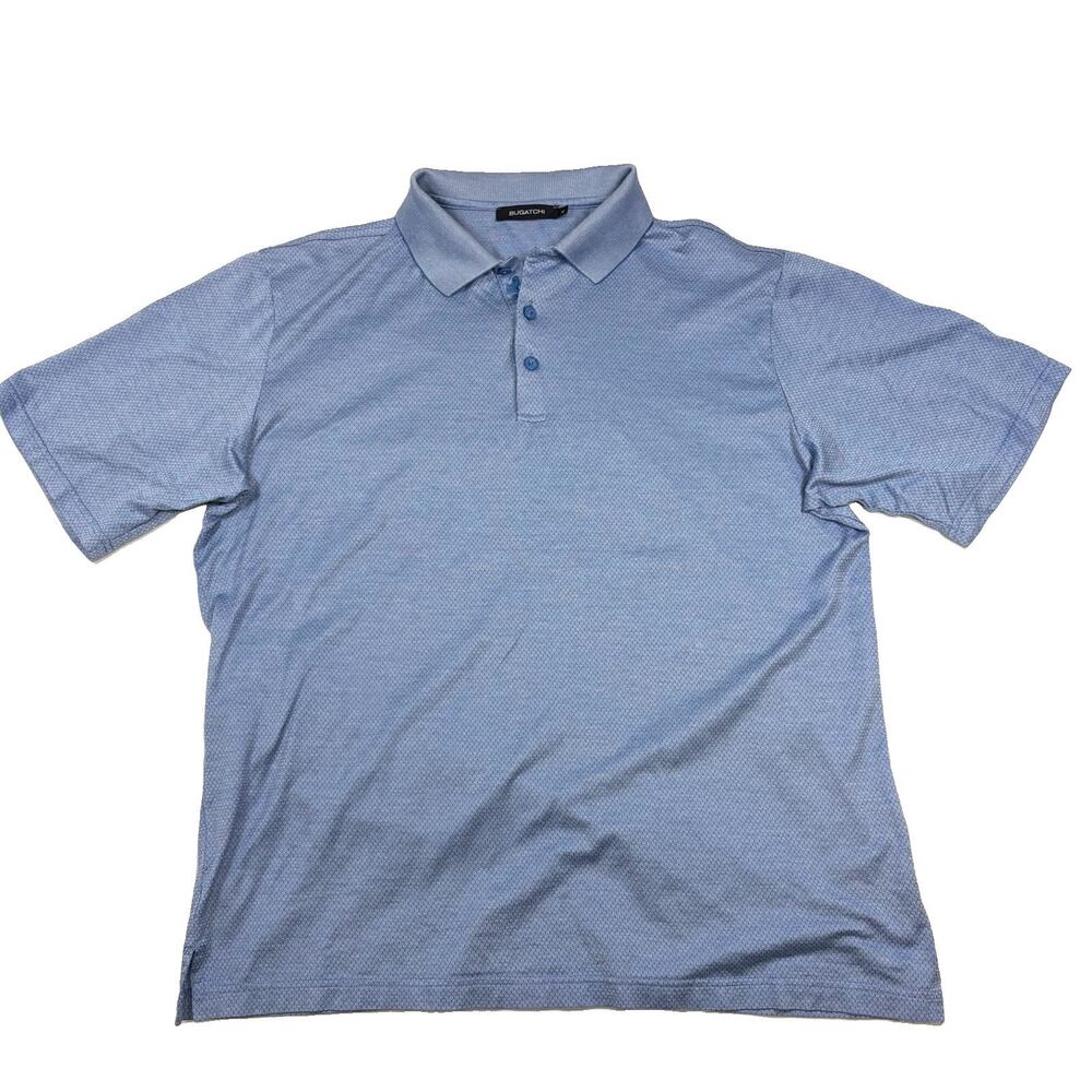 Bugatchi Polo Shirt Blue Jacquard Print Short Sleeve Large